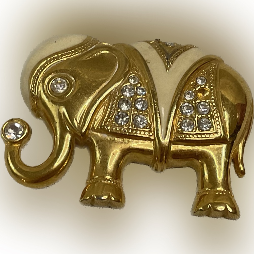 KJL for Avon Golden Enameled Elephant Pendant Brooch Combo Necklace Broken AS IS